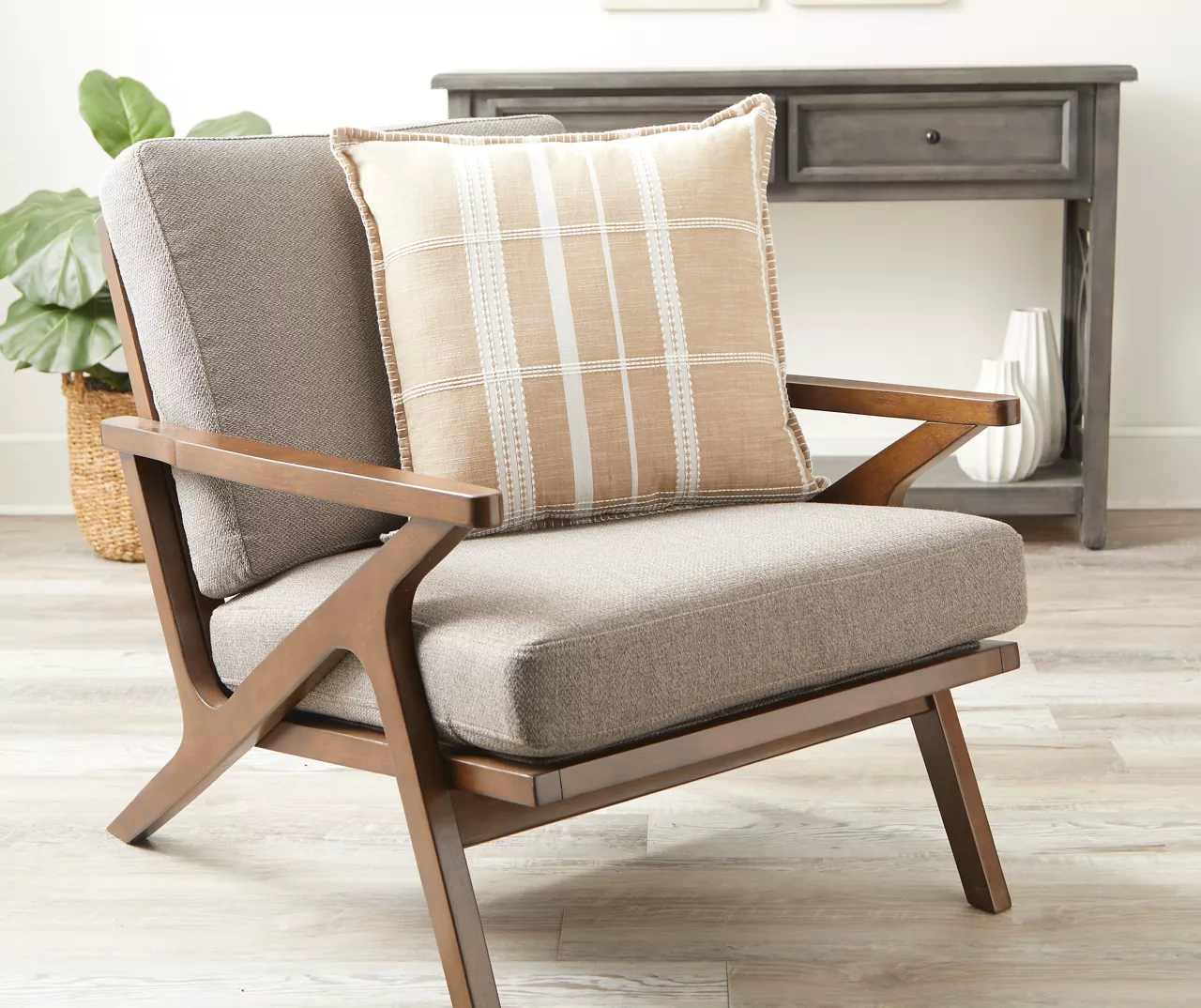 Tan & White Plaid Throw Pillow - Image 3