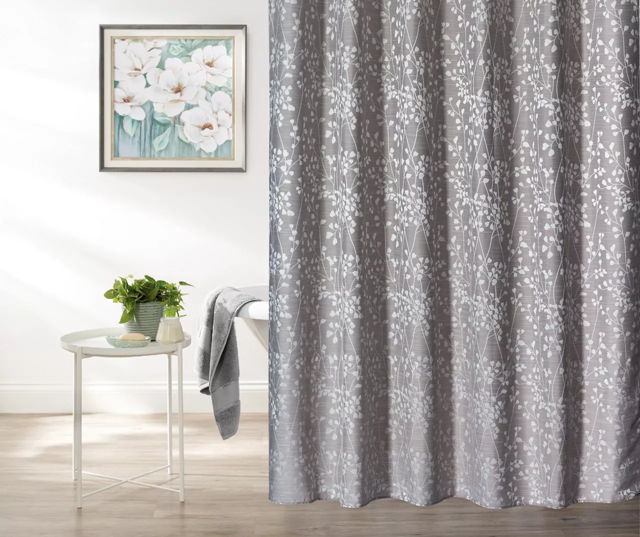 Tan & White Leaf Pattern Jacquard Fabric Shower Curtain