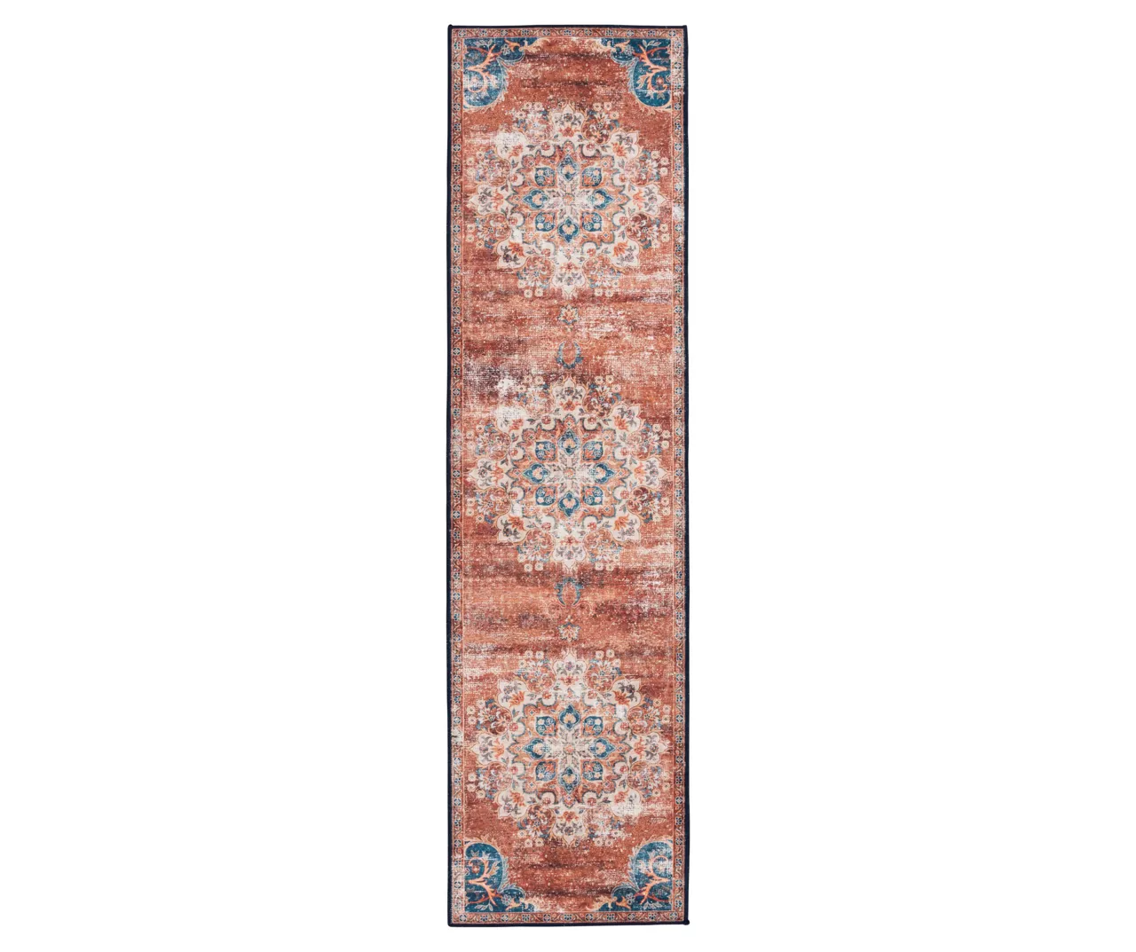 Cleo Rust & Blue Mandala Runner Rug, (2' X 7')