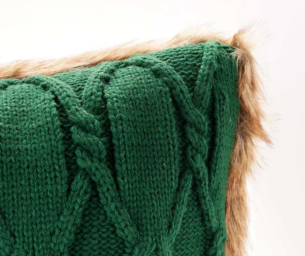 Green Cable-Knit Faux Fur-Trim Throw Pillow - Image 3