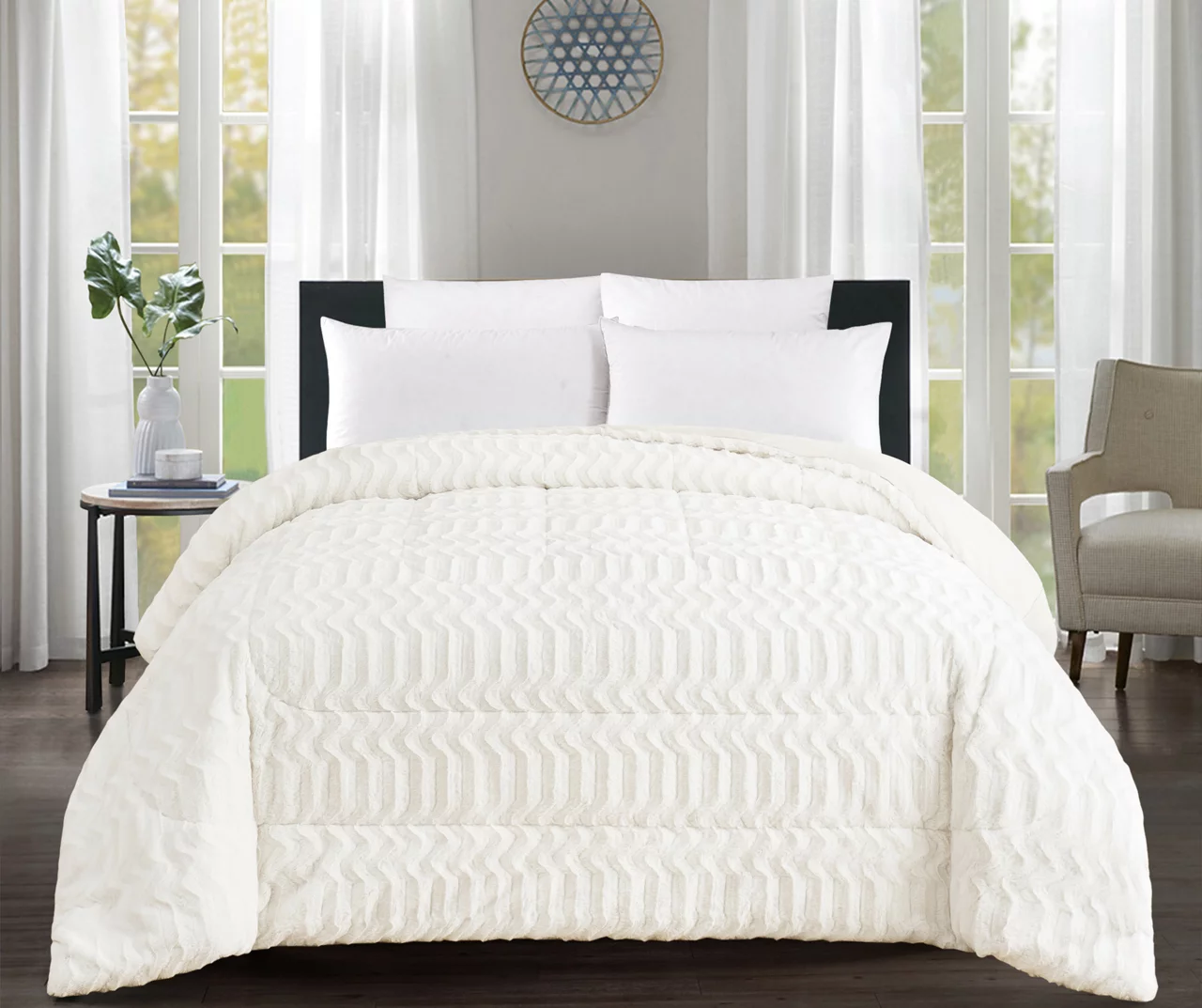 White Chevron Stripe Faux Fur King Comforter - Image 2