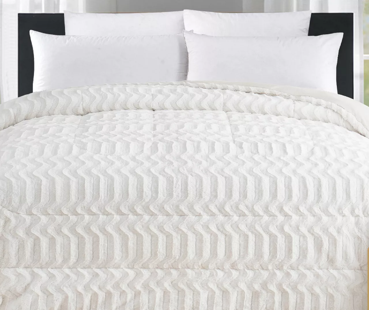 White Chevron Stripe Faux Fur King Comforter - Image 3